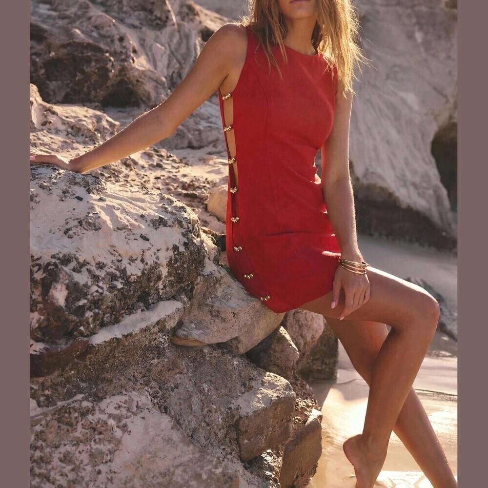Red Sleeveless Mini Dress with Gold Bead Side Cutout Trim